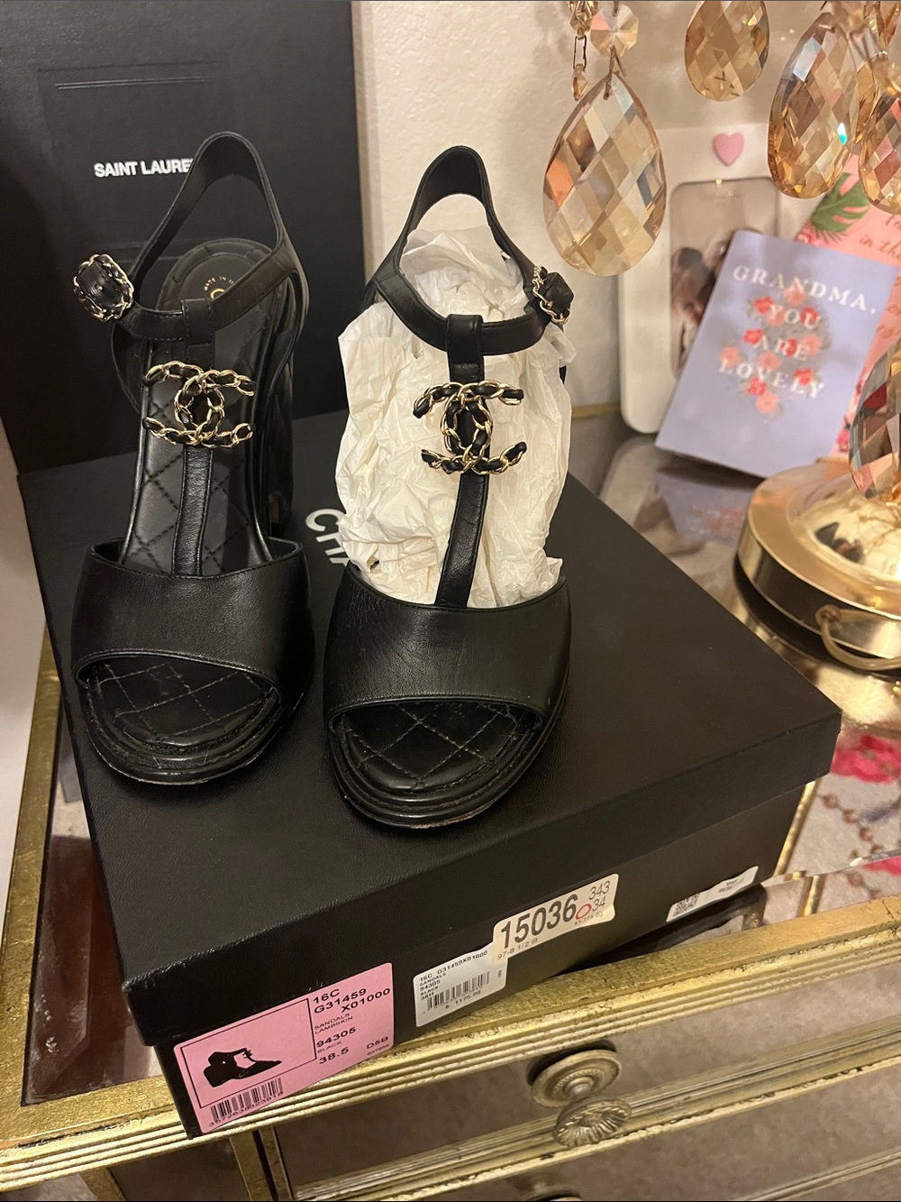 CHANEL Black Leather T-Strap Wedge Sandals with Gold Chain CC